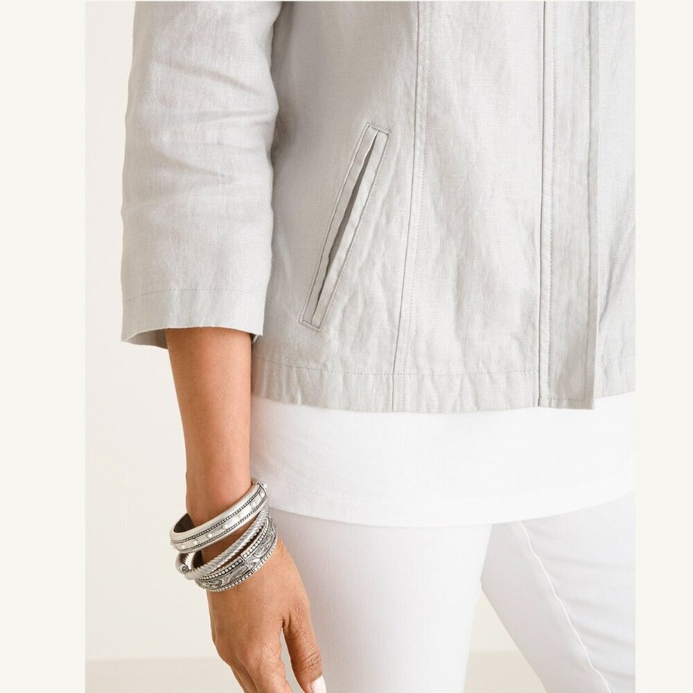 Chicos 100% Linen Foiled Jacket Metallic Silver Gray Neutrals Zip Up Lightweight - Picture 2 of 10